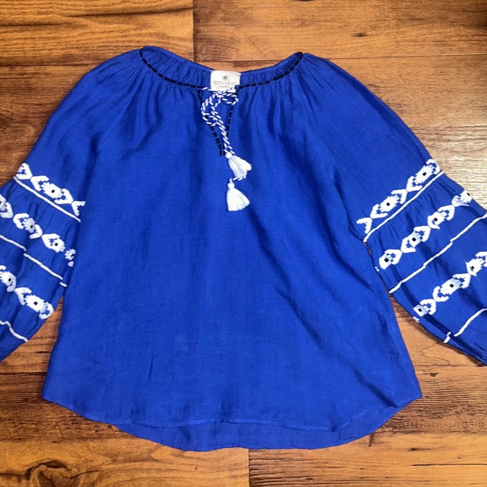 Benaras by Citrus • Size Large • Blue/White • Aztec Embroidery Boho Blouse